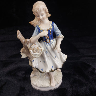 German Porcelain Figurine Acceptable Worn 8.5in Lady with Rose Blue Gold White 1