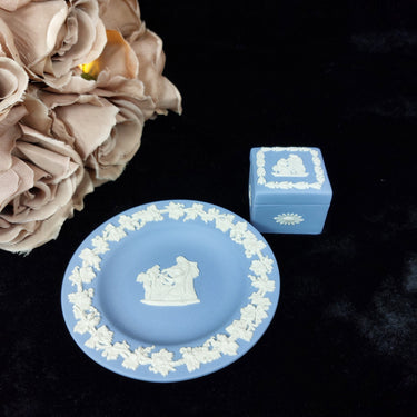 Wedgwood Blue Jasperware Mini Square Trinket Box & Plate Set – Made in England 1