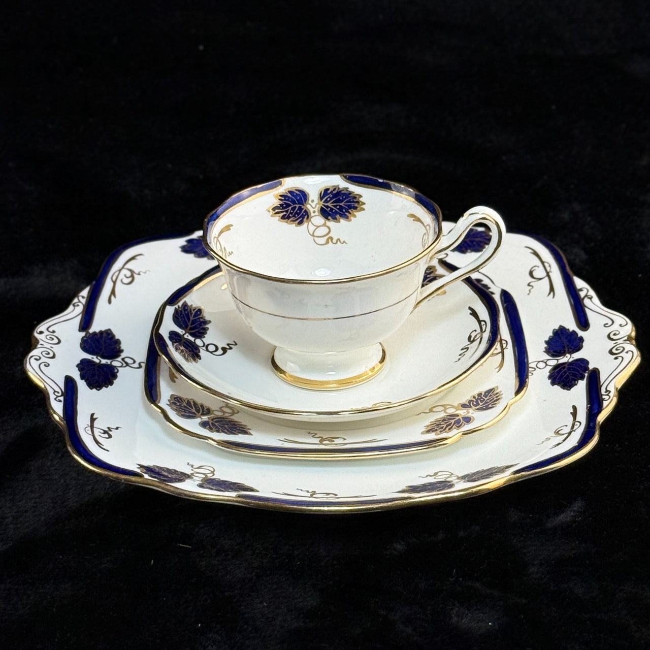 Rare Royal Albert Crown 1930s Cobalt Blue 2 Trios & Cake Plate Set England. 17