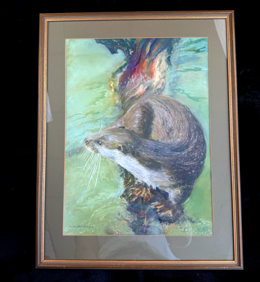 Otter in Water Signed Shirley Williams original Watercolor Painting large framed0