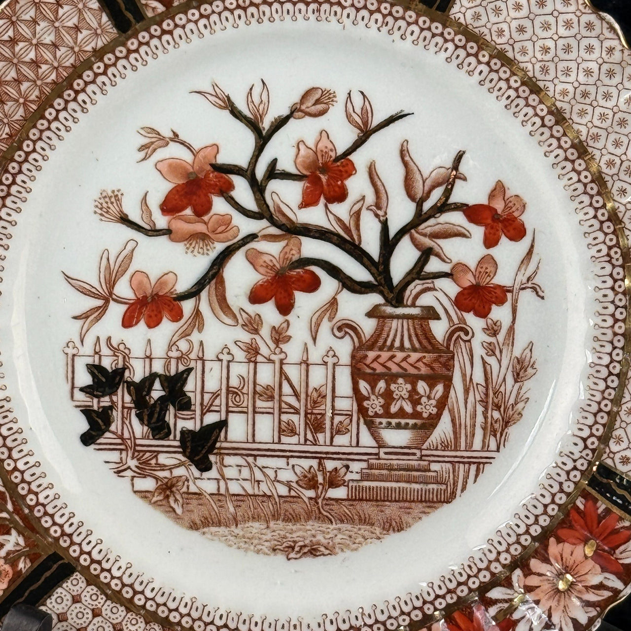 Bradford China Fenton Tea Trio Red Floral Gilt Antique Cup Saucer Plate deco Set3
