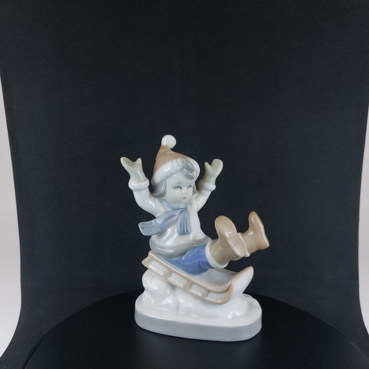 Vintage German Porcelain Child on Sled Figurine Winter Scene Ornament 12cm1