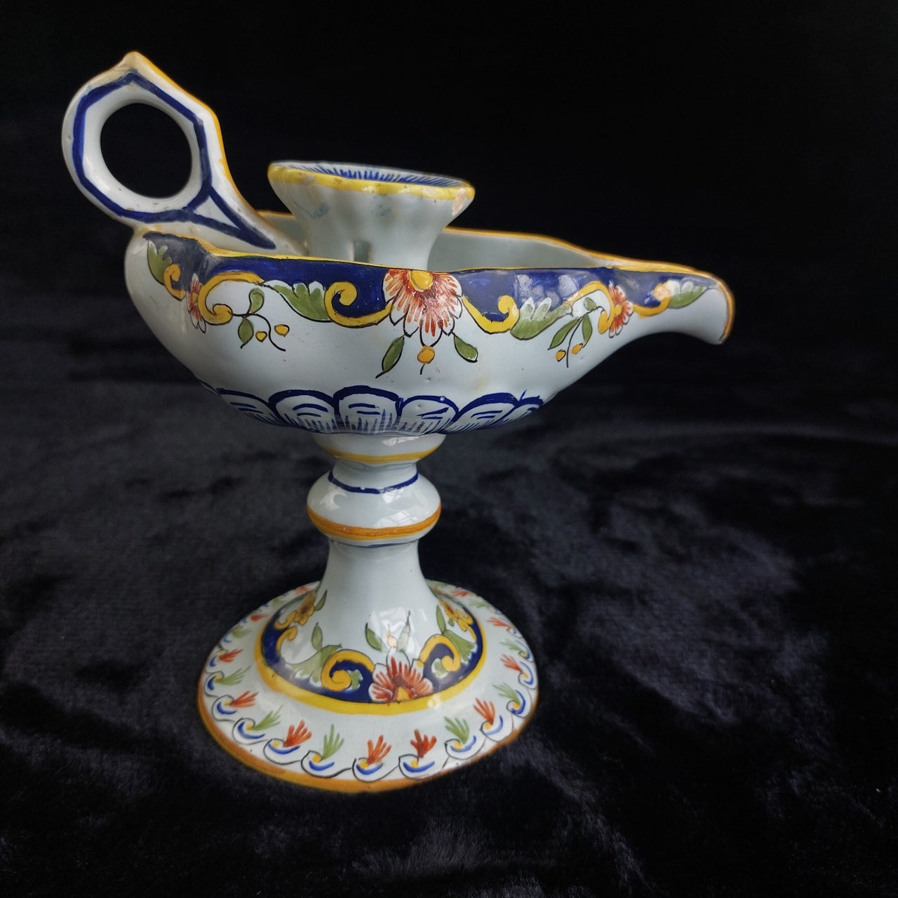 Antique Italian Faience Majolica Candle Holder Hand Painted Coat of Arms Floral1