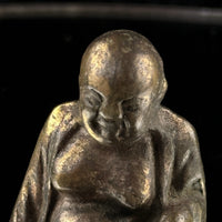 Thumbnail for Antique Buddha Brass Figurine Miniature Monk Statue 2” Aged Patina Meditation3