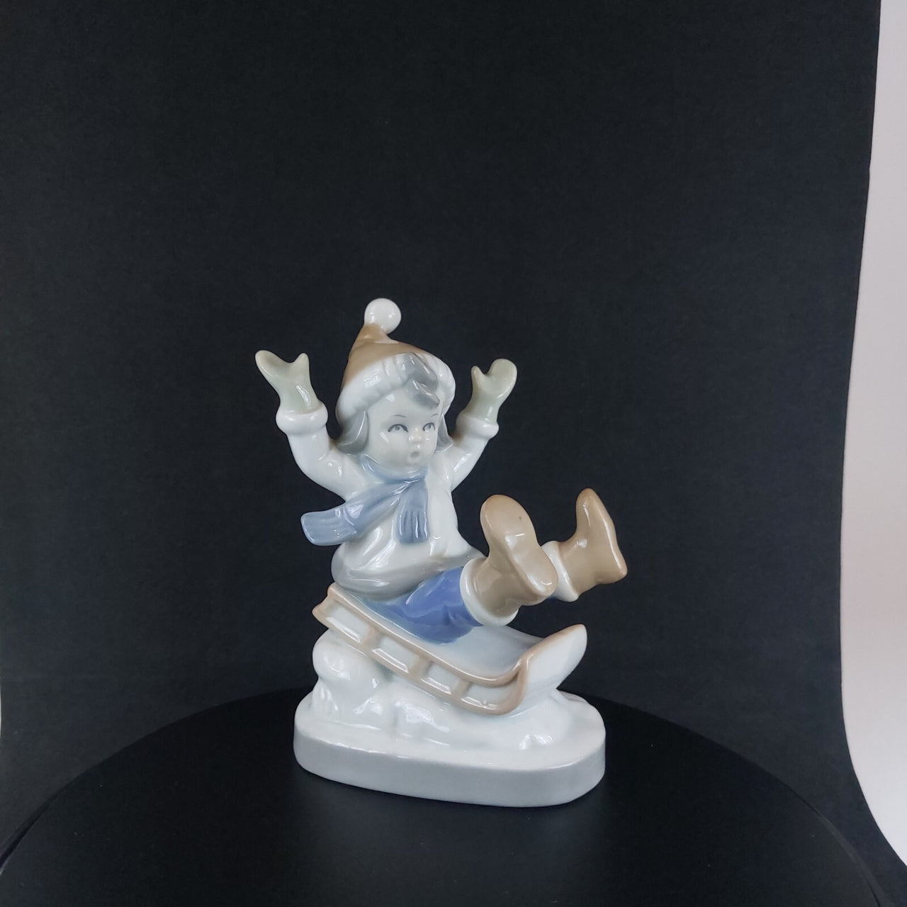 Vintage German Porcelain Child on Sled Figurine Winter Scene Ornament 12cm12