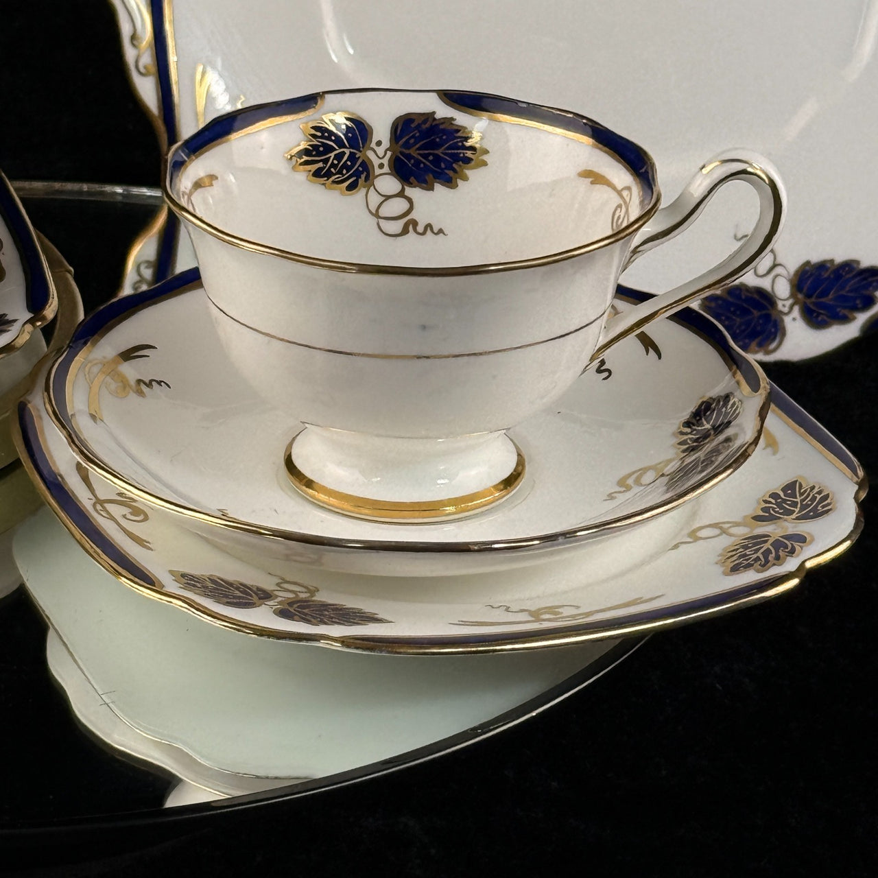 Rare Royal Albert Crown 1930s Cobalt Blue 2 Trios & Cake Plate Set England. 6