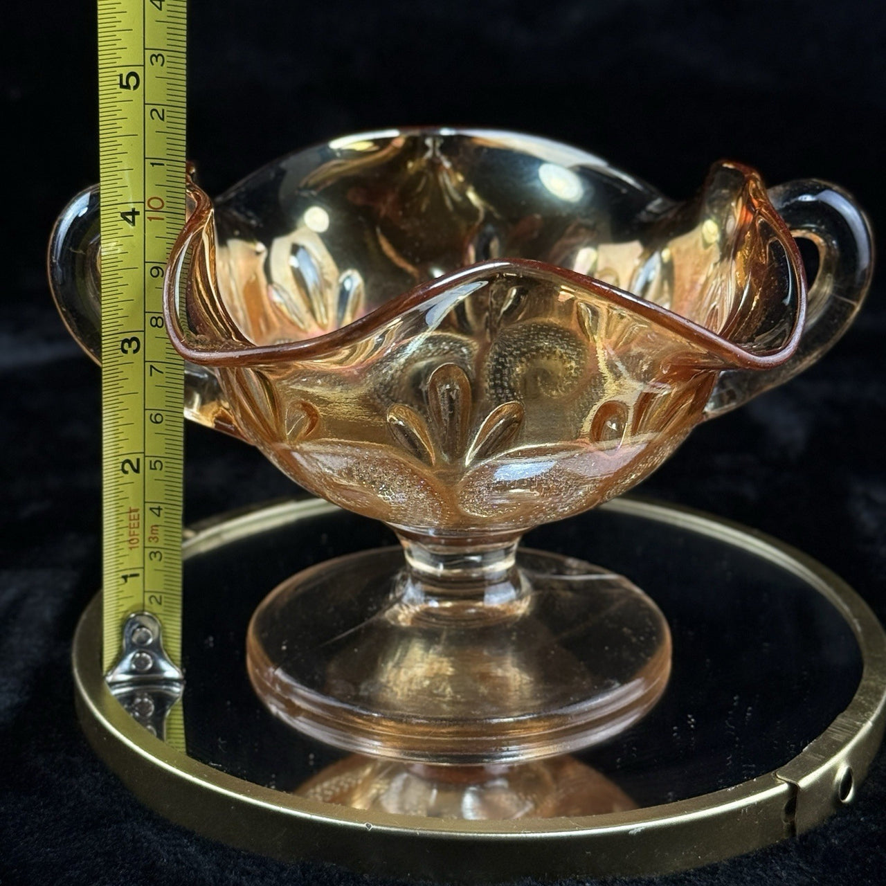 Vintage Marigold Carnival Glass Bonbon Dish Pedestal Bowl Swirl 3.5” Pattern1