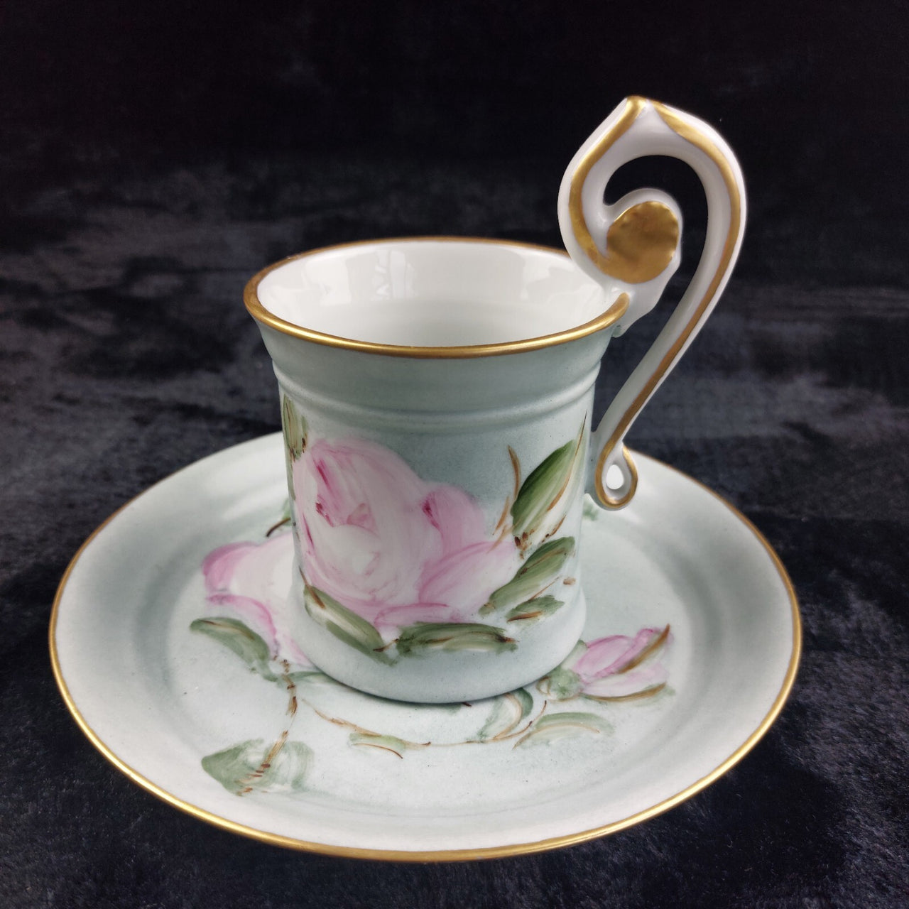 Capodimonte Hand Painted Cup Italy & Plate Set Pink Rose Gold Rim Floral Sallin/8