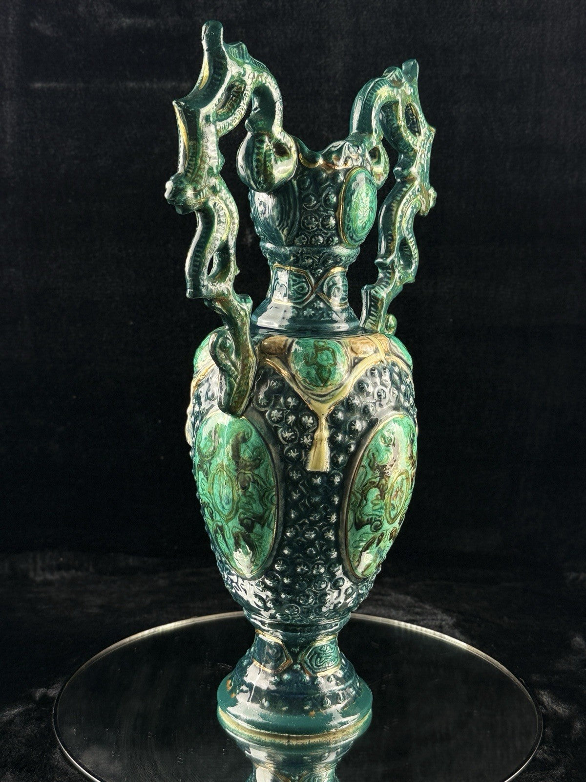 Romano Majolica Style Ornate Green Vase Glazed Ceramic 15” Antique Vase10