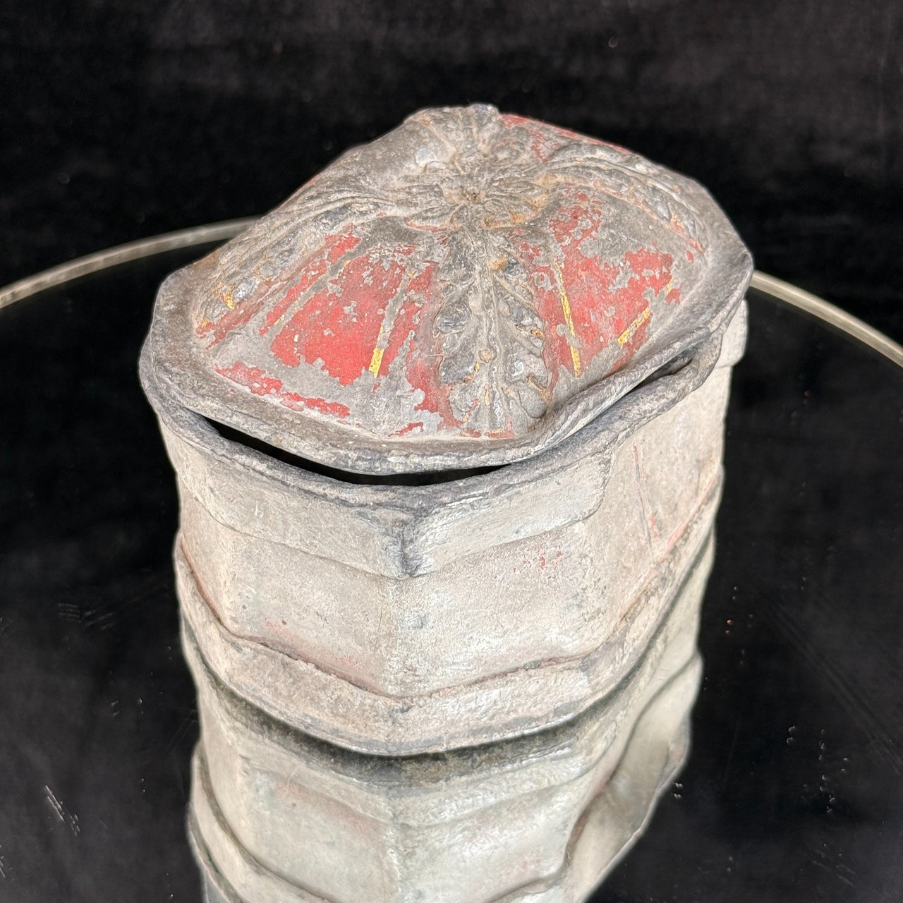 Antique 19th Century Stone Trinket Box Red Floral Relief Lid 5" x 3.5" Heavy15
