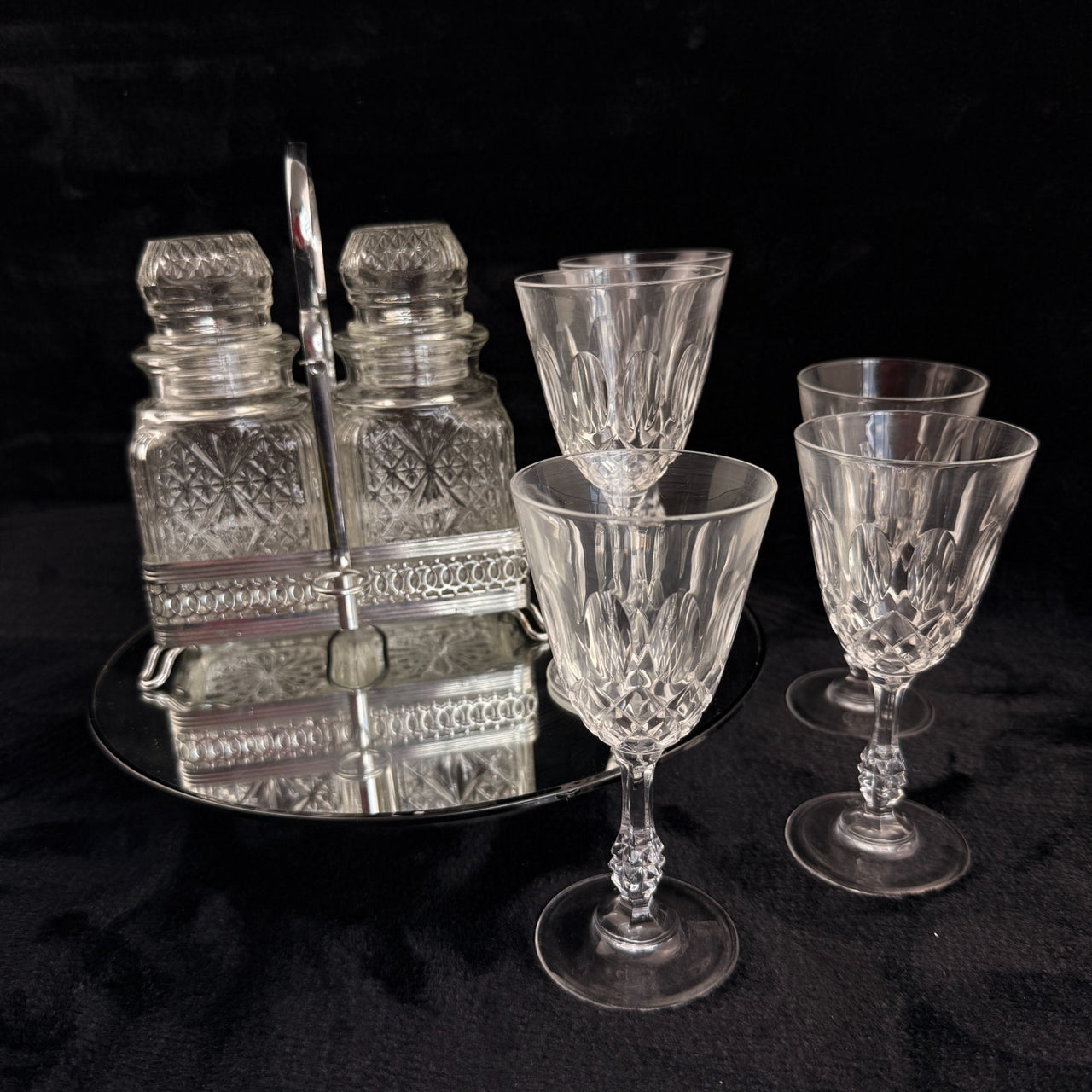 Vintage Cut Crystal Glassware & Spice Jar Set Elegant Tableware 5 Glasses & Jar17
