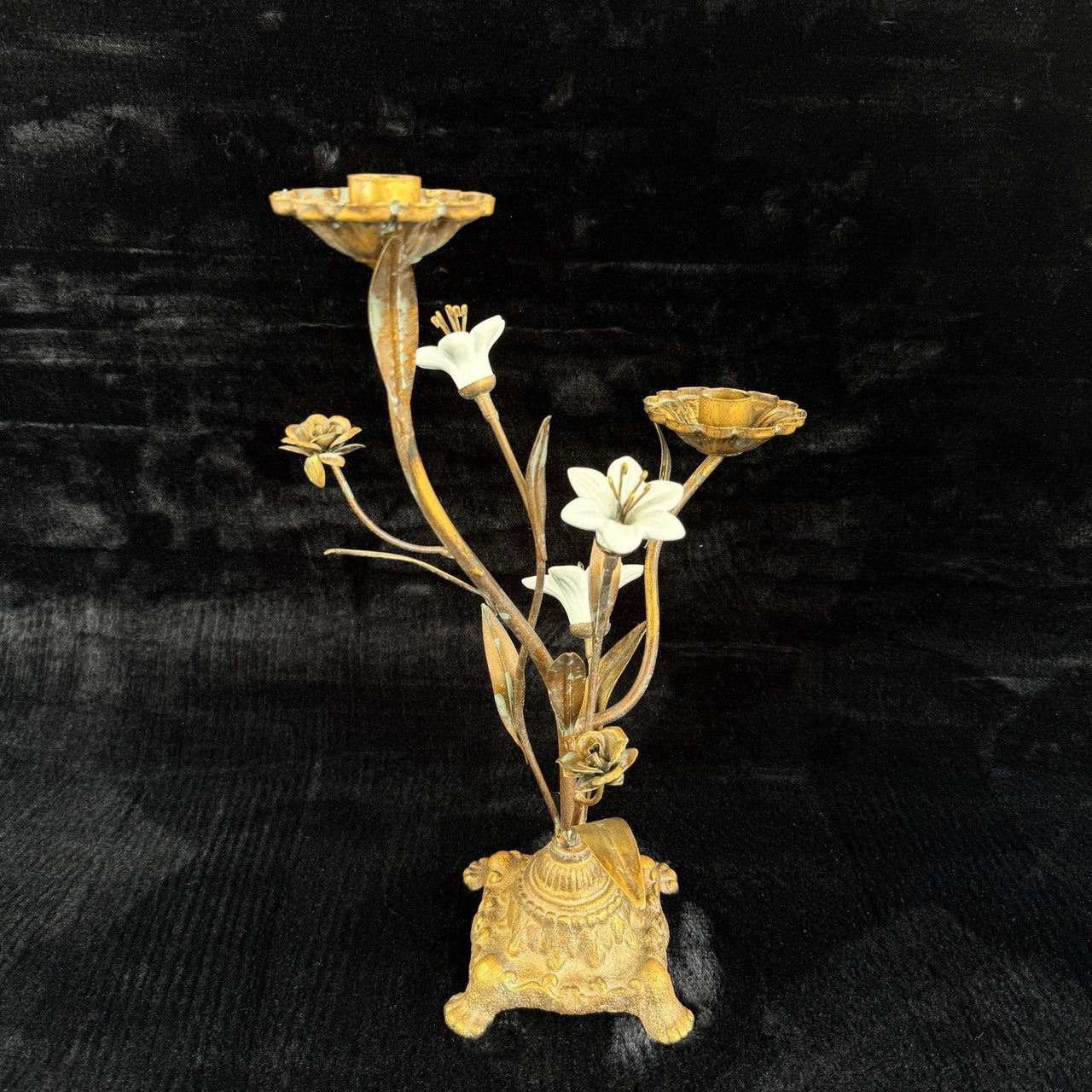 Italian Style Bronzed Brass Floral Candlestick White Ceramic Flowers gift 40cm10