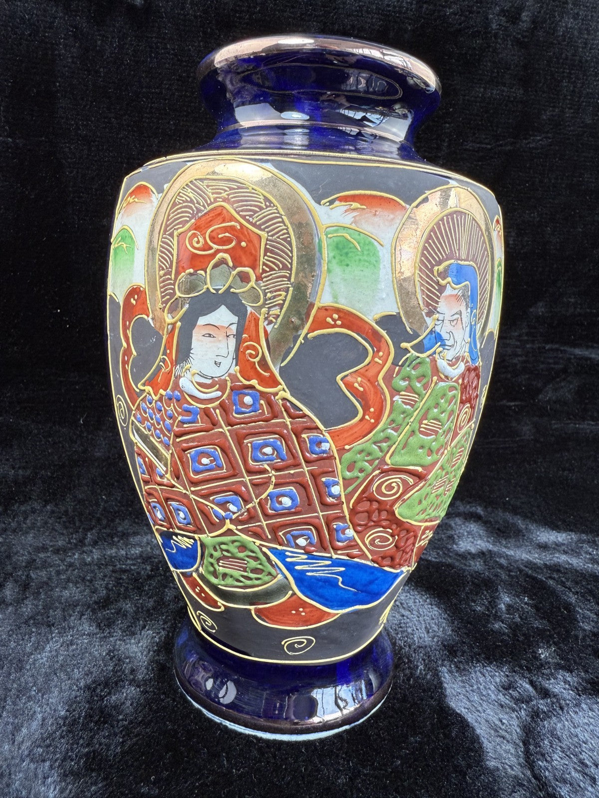 Oriental Hand-Painted navy blue Vase - 'Foreign' Mark Antique Porcelain Satsuma.18