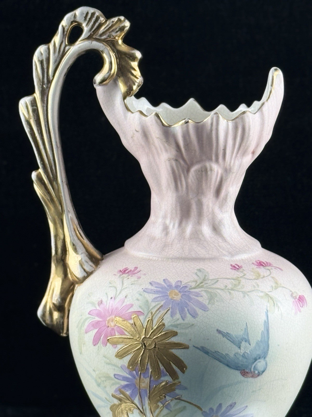 Victorian Style Floral Pitcher Vase Pink Gold Handle Bird Flowers 13" Ceramic4