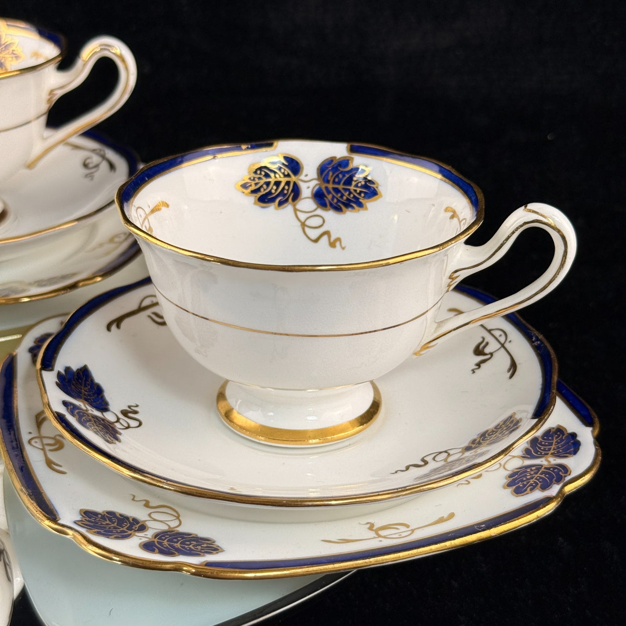Rare Royal Crown Albert China 1930 Blue Gold Leaf Tea Set Trio x2 & Jug England5