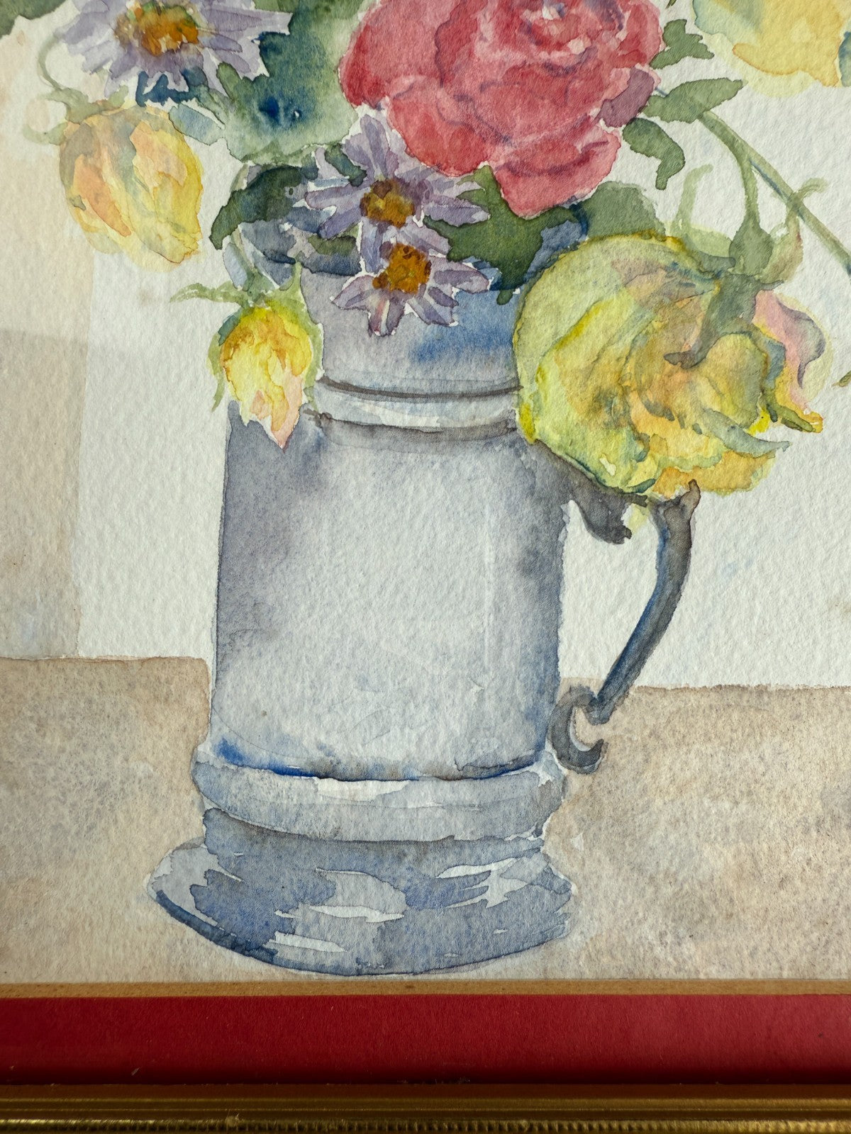 Still Watercolor Life: Roses and Daisies in a Pewter Mug, Signed K.W. Painting2