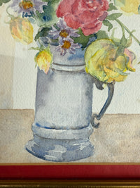 Thumbnail for Still Watercolor Life: Roses and Daisies in a Pewter Mug, Signed K.W. Painting2