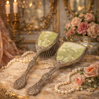Vintage Antique Ornate Hand Mirror & Brush Set Filigree Metal Rococo Style decor0