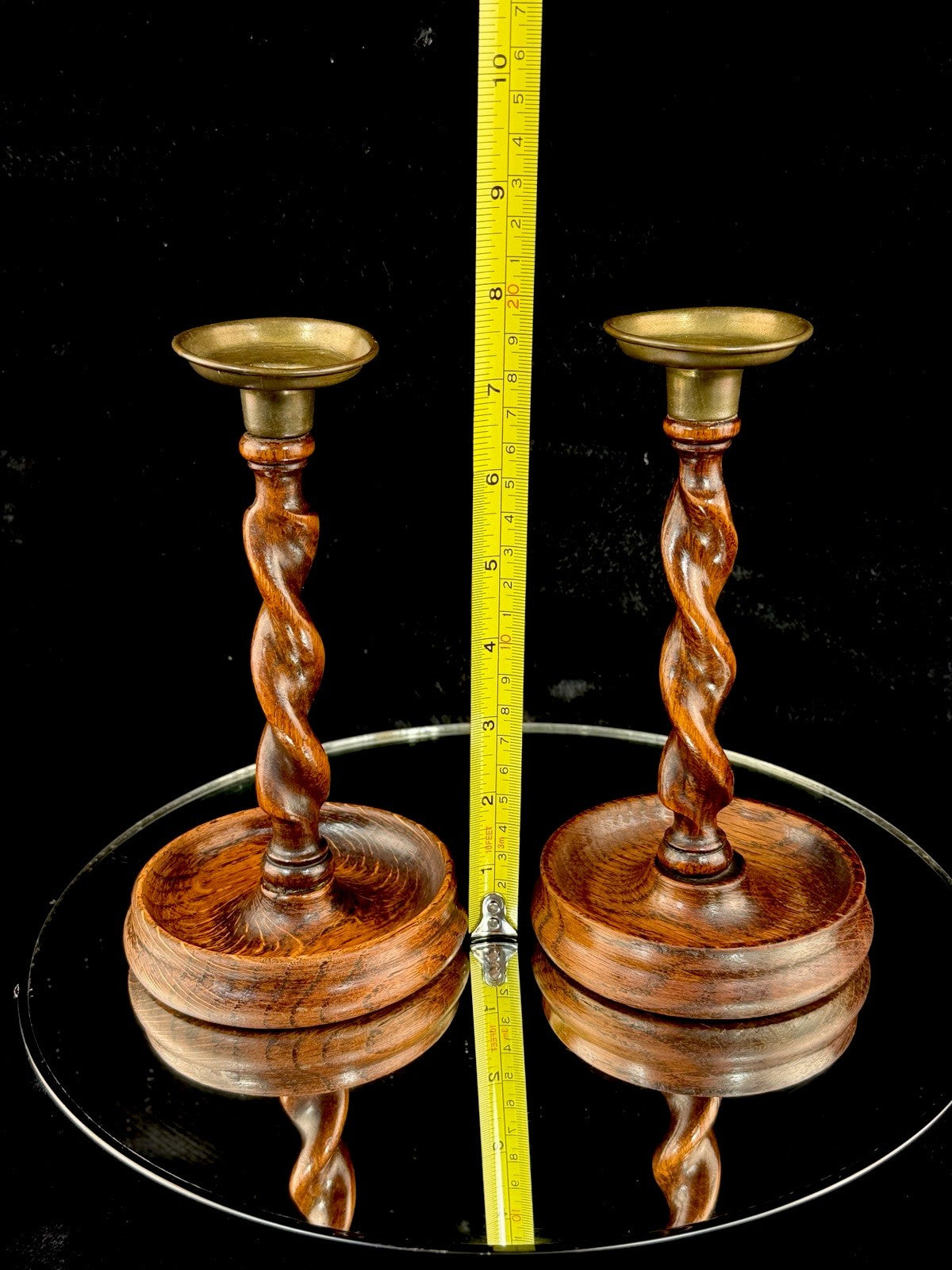 Antique Twist Barley Wood Candlesticks 8” Pair candle Holders English Brass.9
