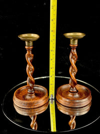 Thumbnail for Antique Twist Barley Wood Candlesticks 8” Pair candle Holders English Brass.9