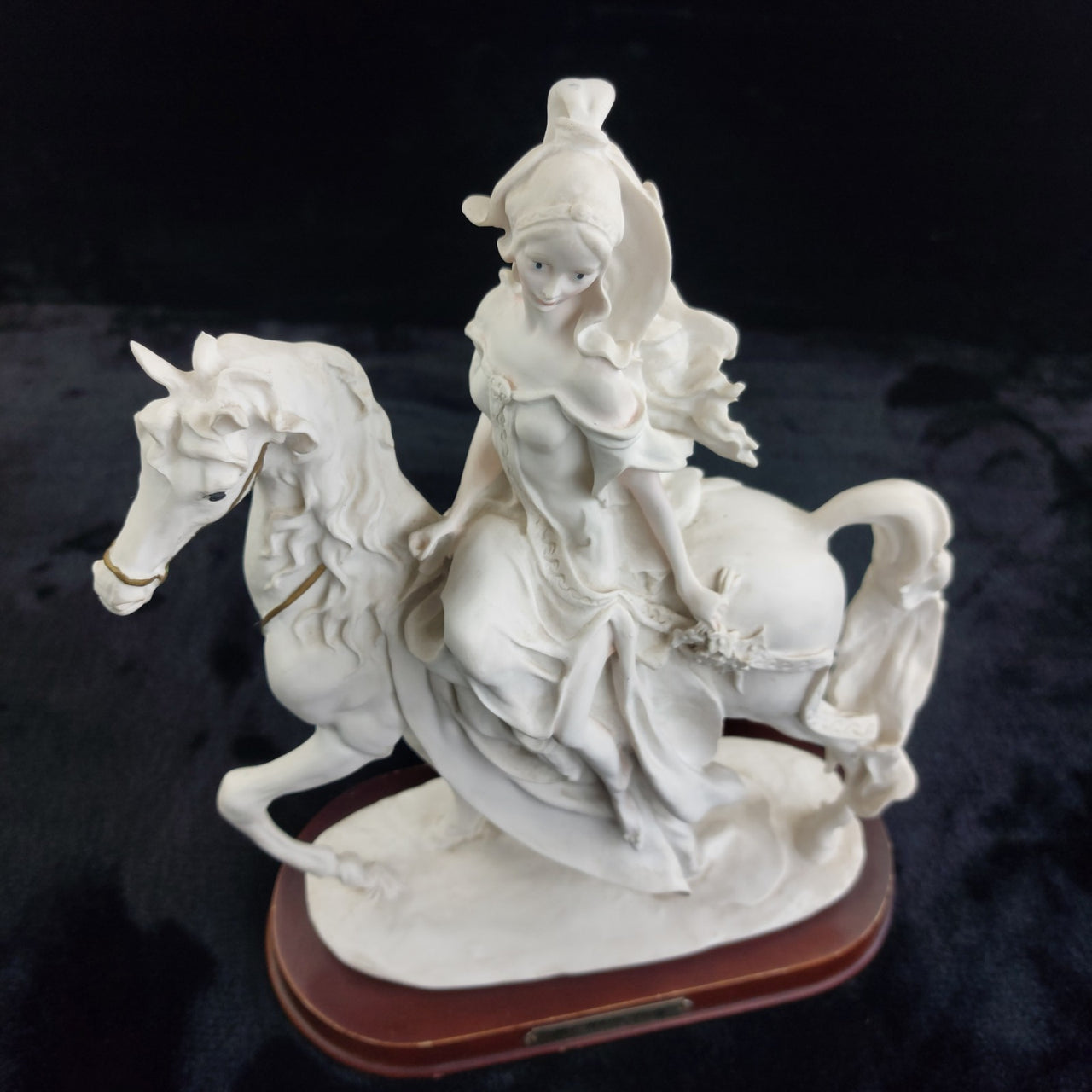 The White Lady Figurine Elegant Matte Bisque Horseback Rider on Wood Base 12"15