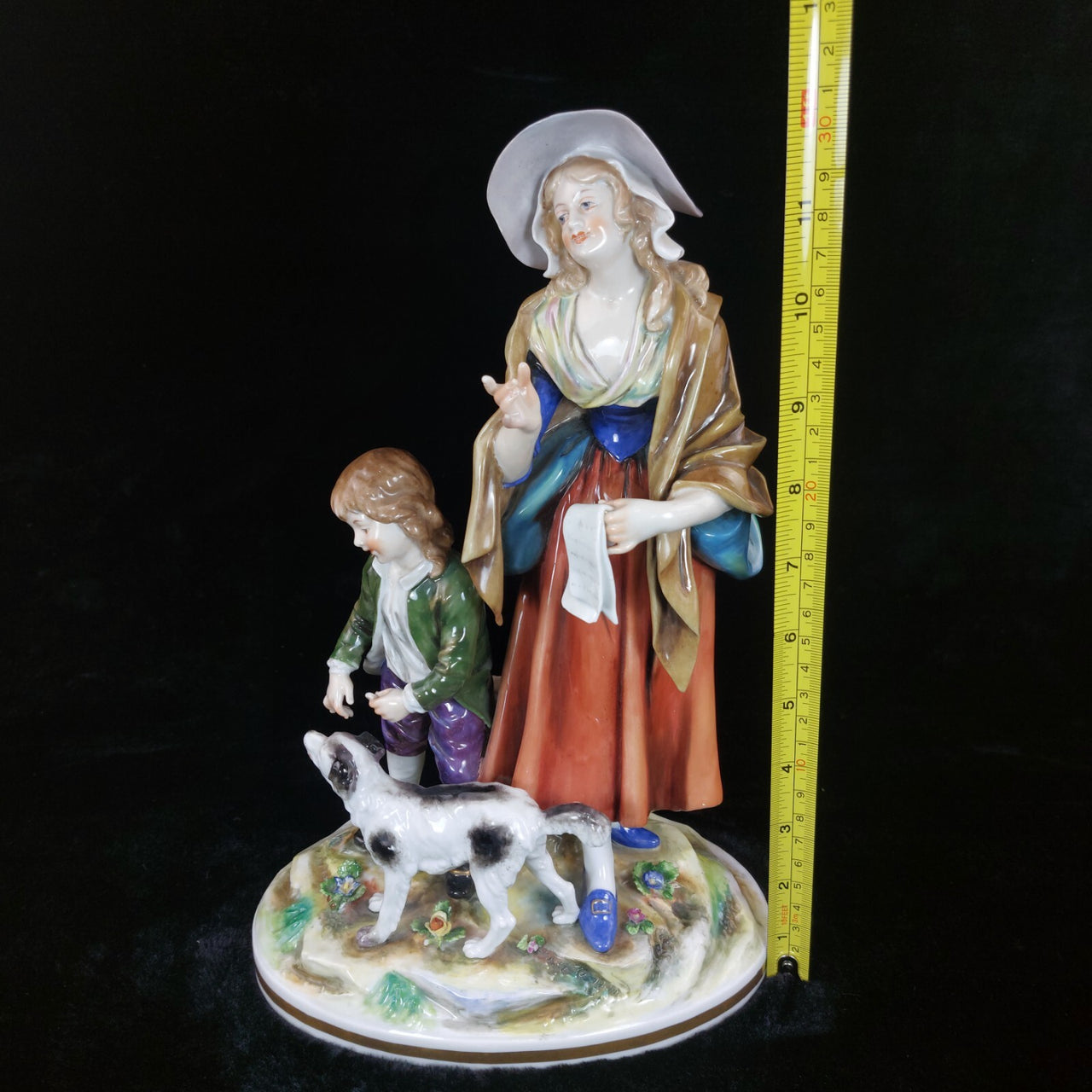 Volkstedt Figurine Porcelain Woman Child Dog Crown N Mark 30cm/12in German 1489g16