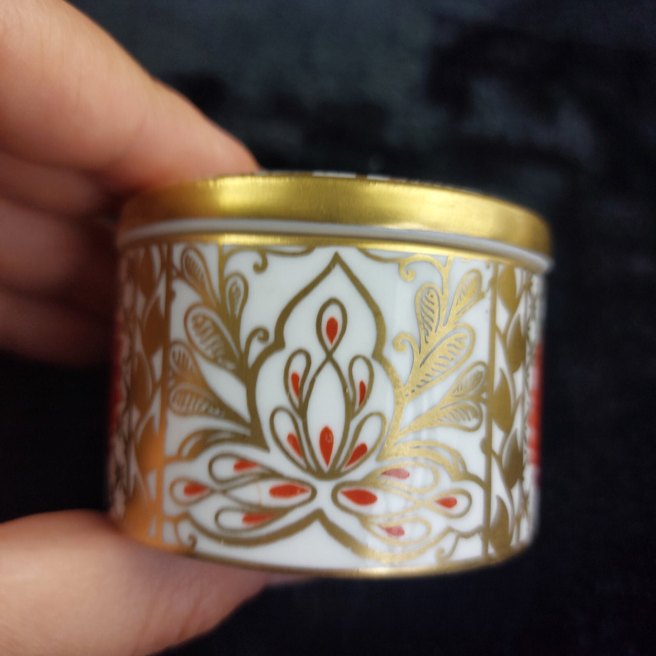 Abbeydale Imperial Bone Good China England Lidded Trinket Box Gold Red 2.5"x2"9