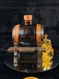 Thumbnail for Vintage Amber Glass Barrel Decanter Set with Tap 3 Glasses Tray & Wood Stand9