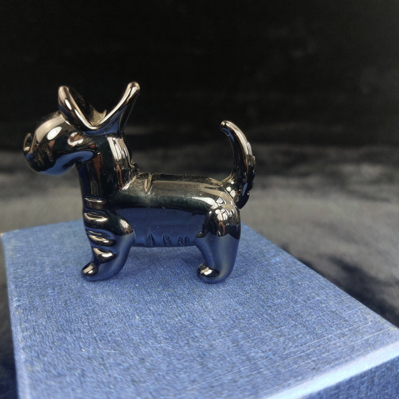 Handmade Glossy Glass Black Dog Figurine Puppy Animal Art Good w/ Box 2" x 2"7