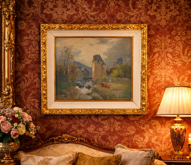 19th Century L. Henry Oil painting Castle Study 44×36cm See Gold Frame Antique.0