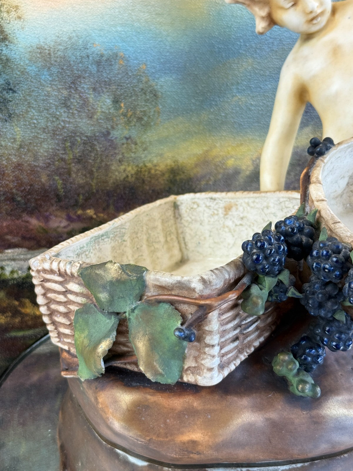 Antique Putti Planter Figurine with Wicker Baskets and Berries - Majolica Style4