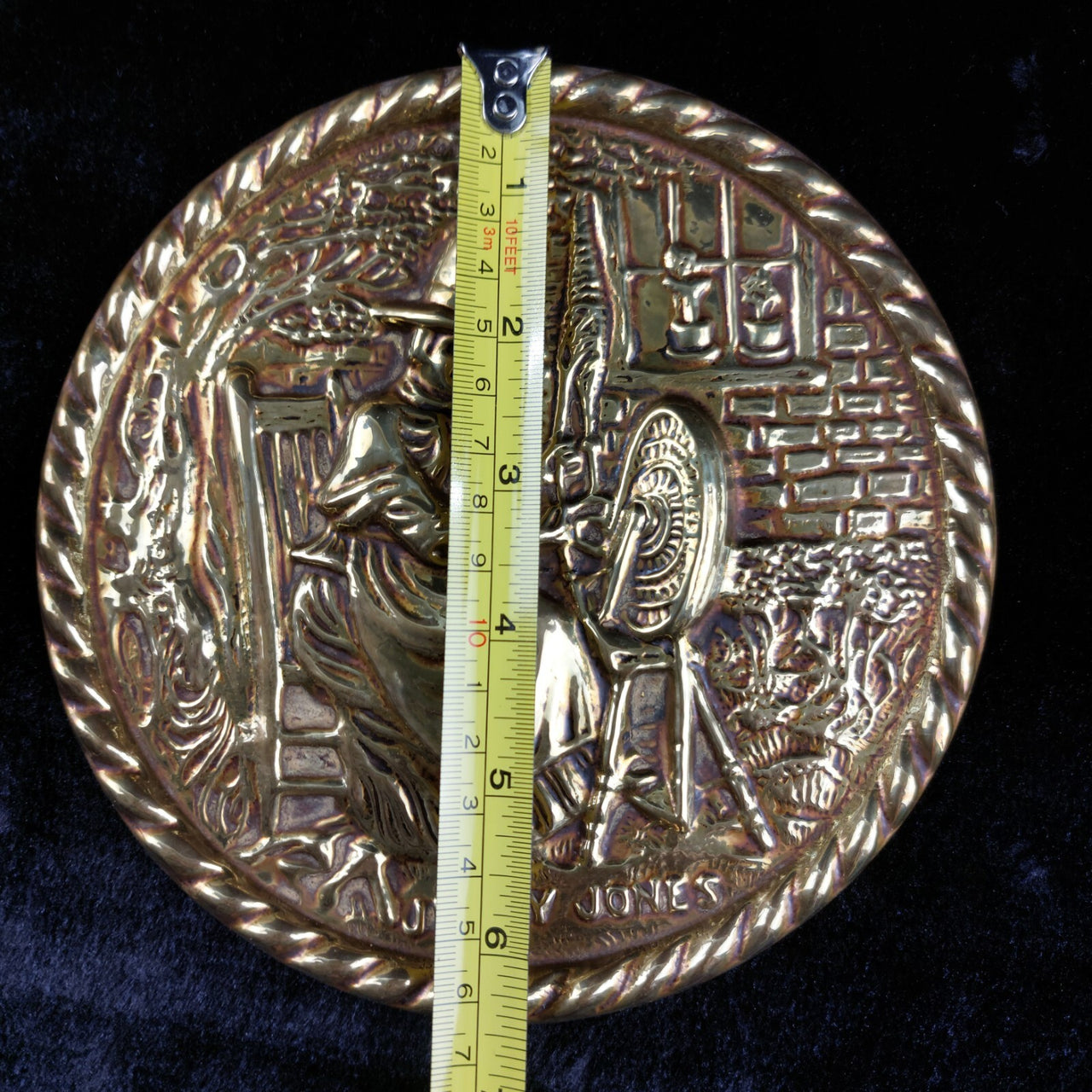 Vintage Jenny Jones Brass Wall Plaque Plate 6.5" Welsh Folk Spinning Wheel Art4