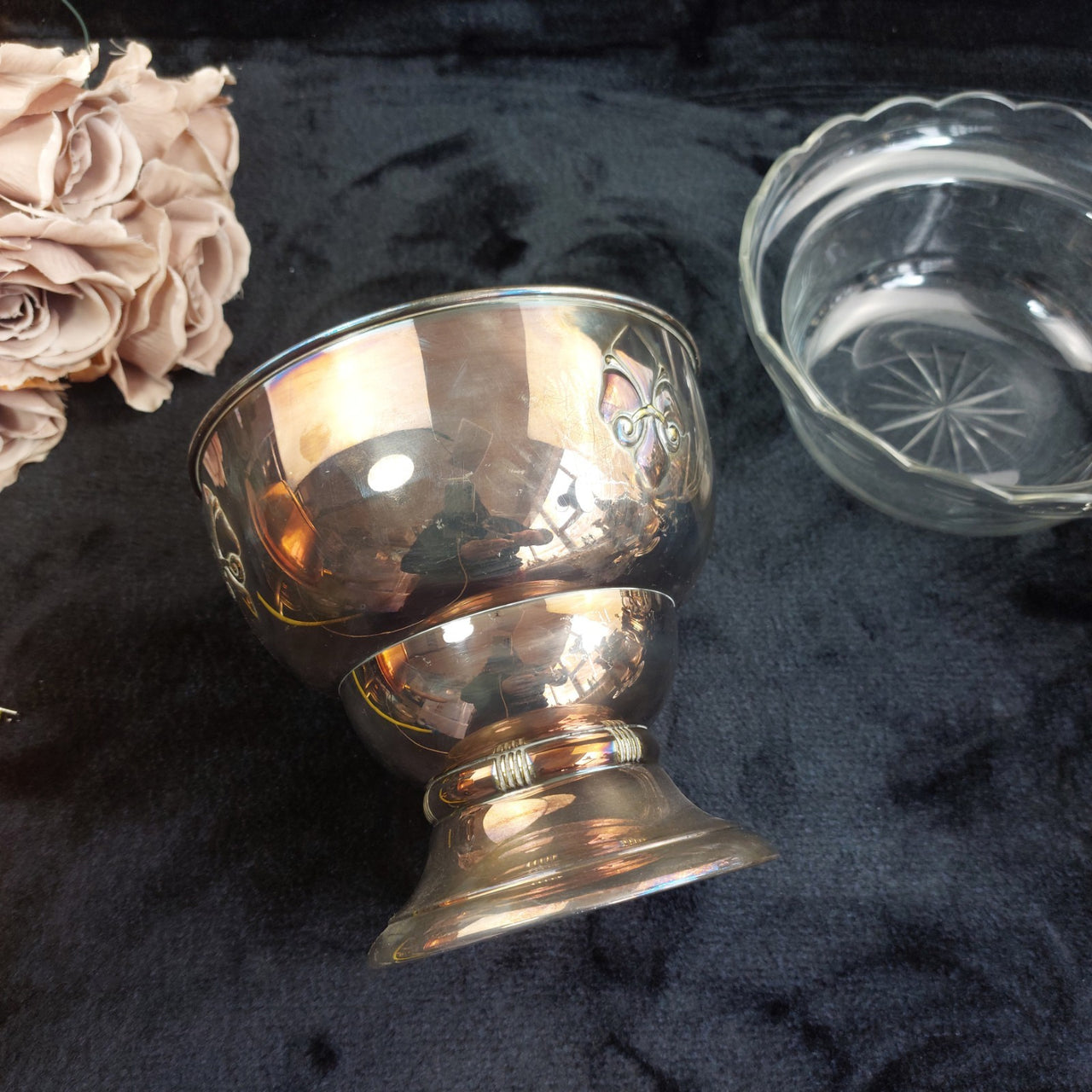 TBE Silverplate Bowl 8.5" Fleur-de-Lis Glass Insert Heavy Worn Acceptable Set6