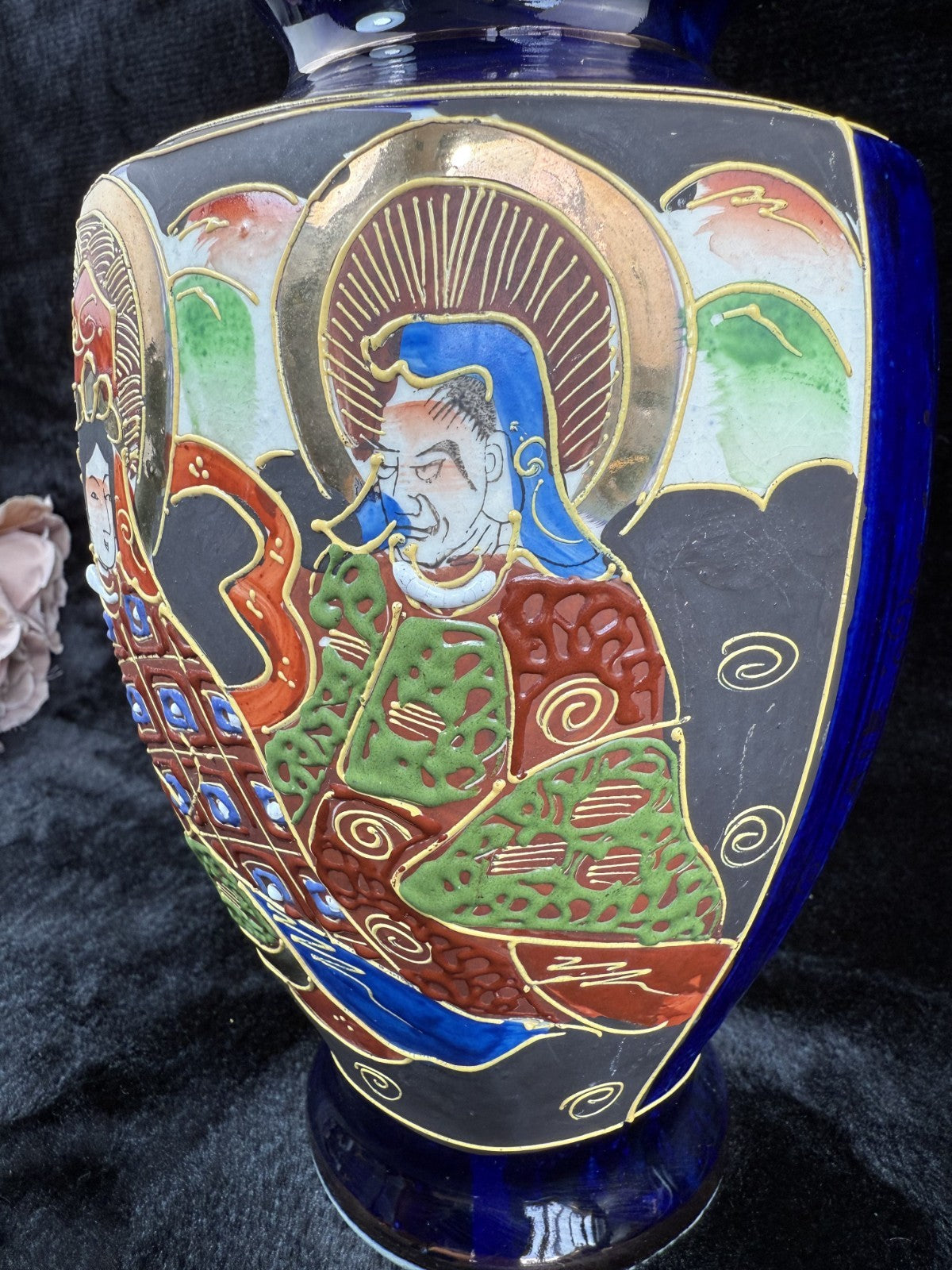Oriental Hand-Painted navy blue Vase - 'Foreign' Mark Antique Porcelain Satsuma.10