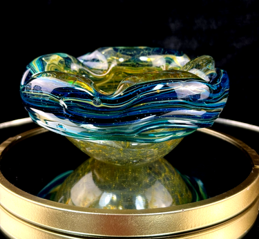 Mdina Malta Art Glass Ashtray 80s Blue Yellow Swirl 13cm Heavy see the pics0