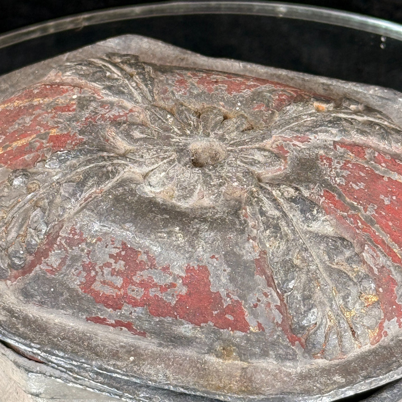 Antique 19th Century Stone Trinket Box Red Floral Relief Lid 5" x 3.5" Heavy14