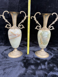 Thumbnail for Pair of Brass & Green Onyx Marble Urn Vases Ornate Handles Decorative 35cm20