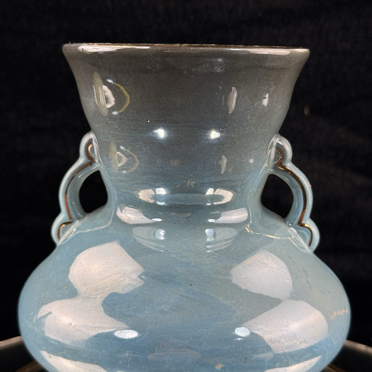 Antique Maling Vase England –Blue Glazed Handle Twin Urn Shape 6.5” decor China,3
