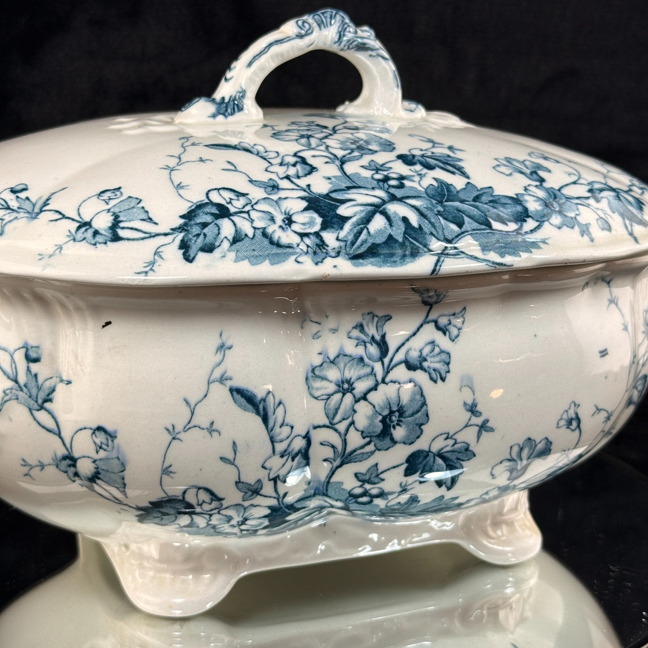 S.H. & Sons 'Ruby' Blue Transferware Tureen Lidded Floral Dish England 11” Large1