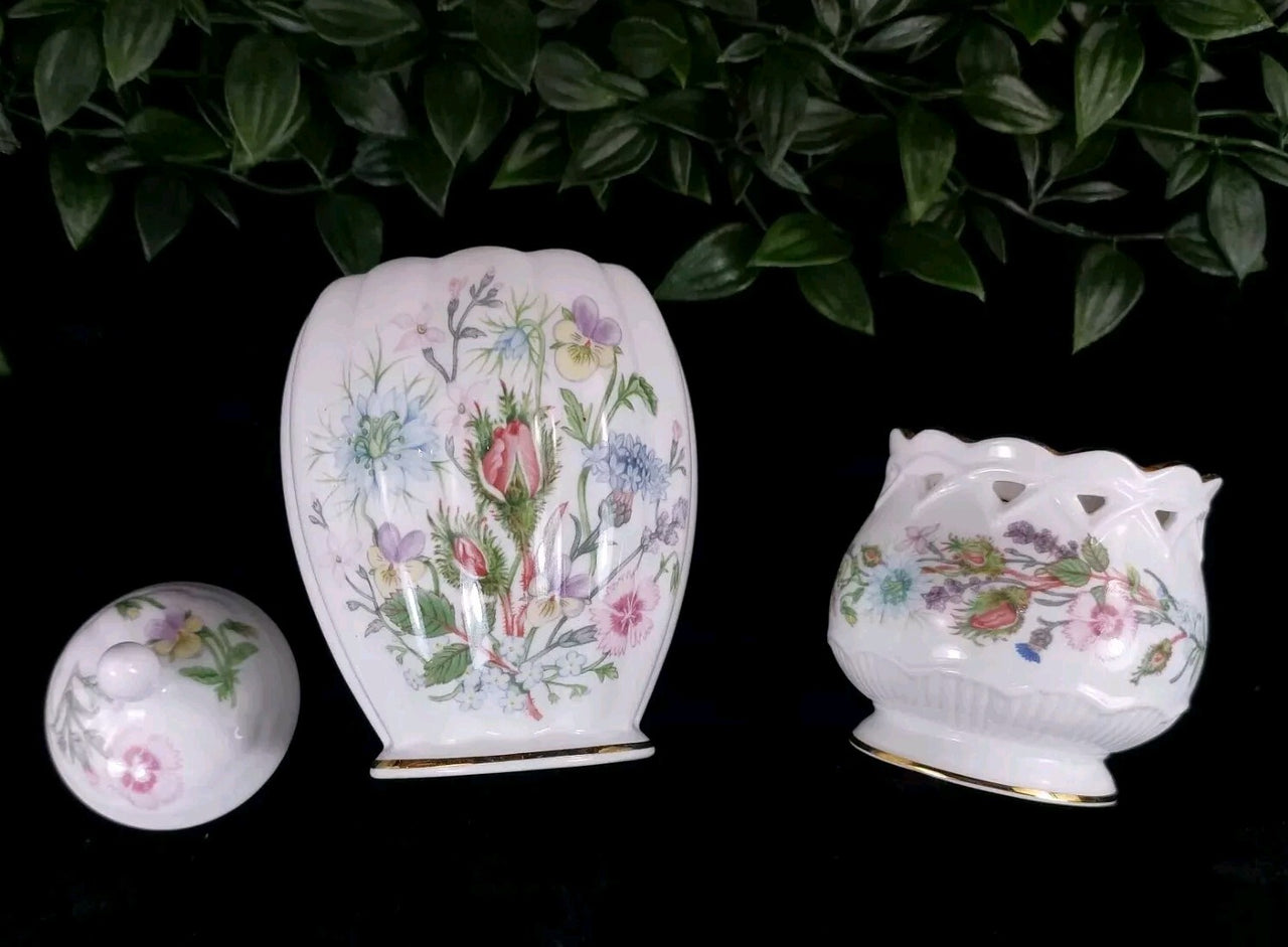 Aynsley porcelain Wild Tudor 2 set of Lidded Jar & Candle Holder Bone China Made3