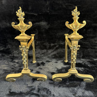 Thumbnail for Antique Brass Fireplace Firedogs Andirons Pair - Georgian Neoclassical Style14