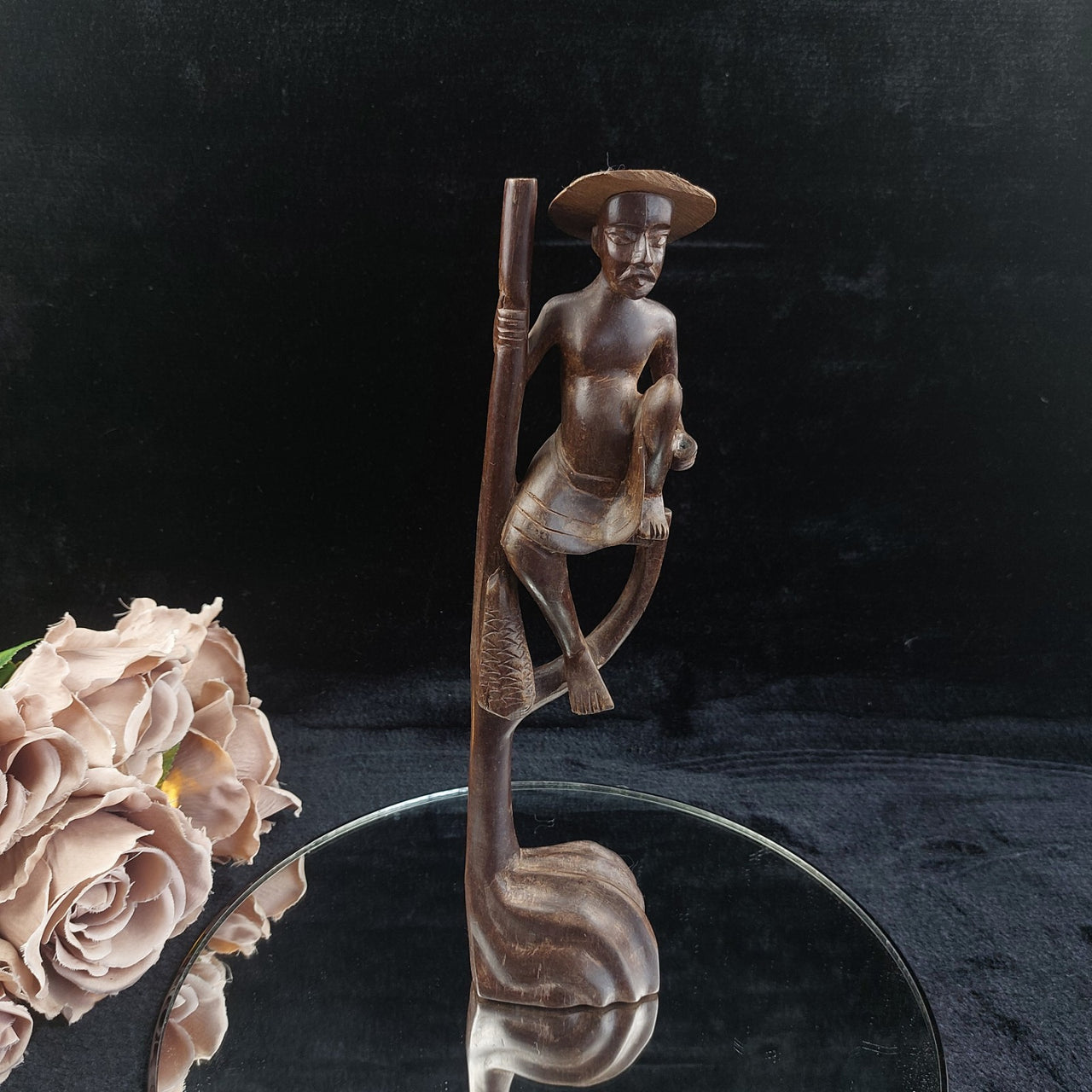 Sri Lankan Wood Statue Acceptable – Stilt Fisherman Sculpture Hat Broken Brown0