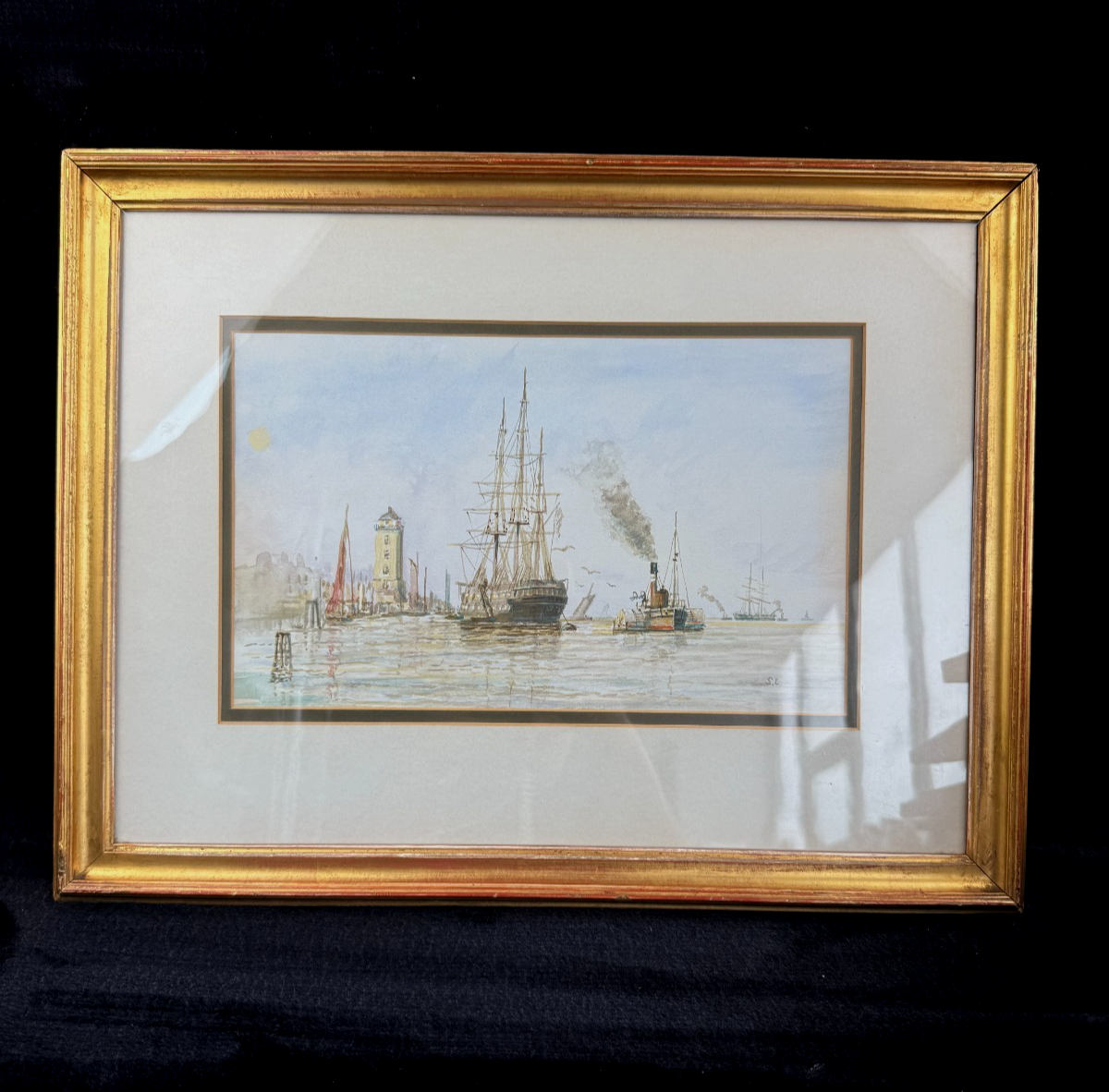 Antique S.L. Signed Watercolor wood gold framed- A London Harbor Scene.3