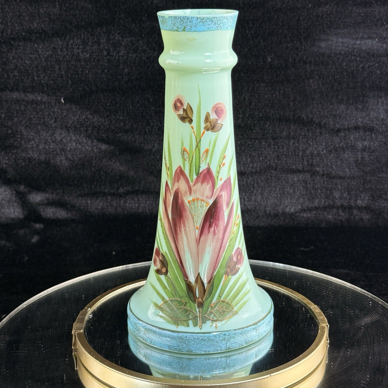 Antique Milk Glass vase Art Glass Vase Turquoise Floral Tall 10” Enameled decor1