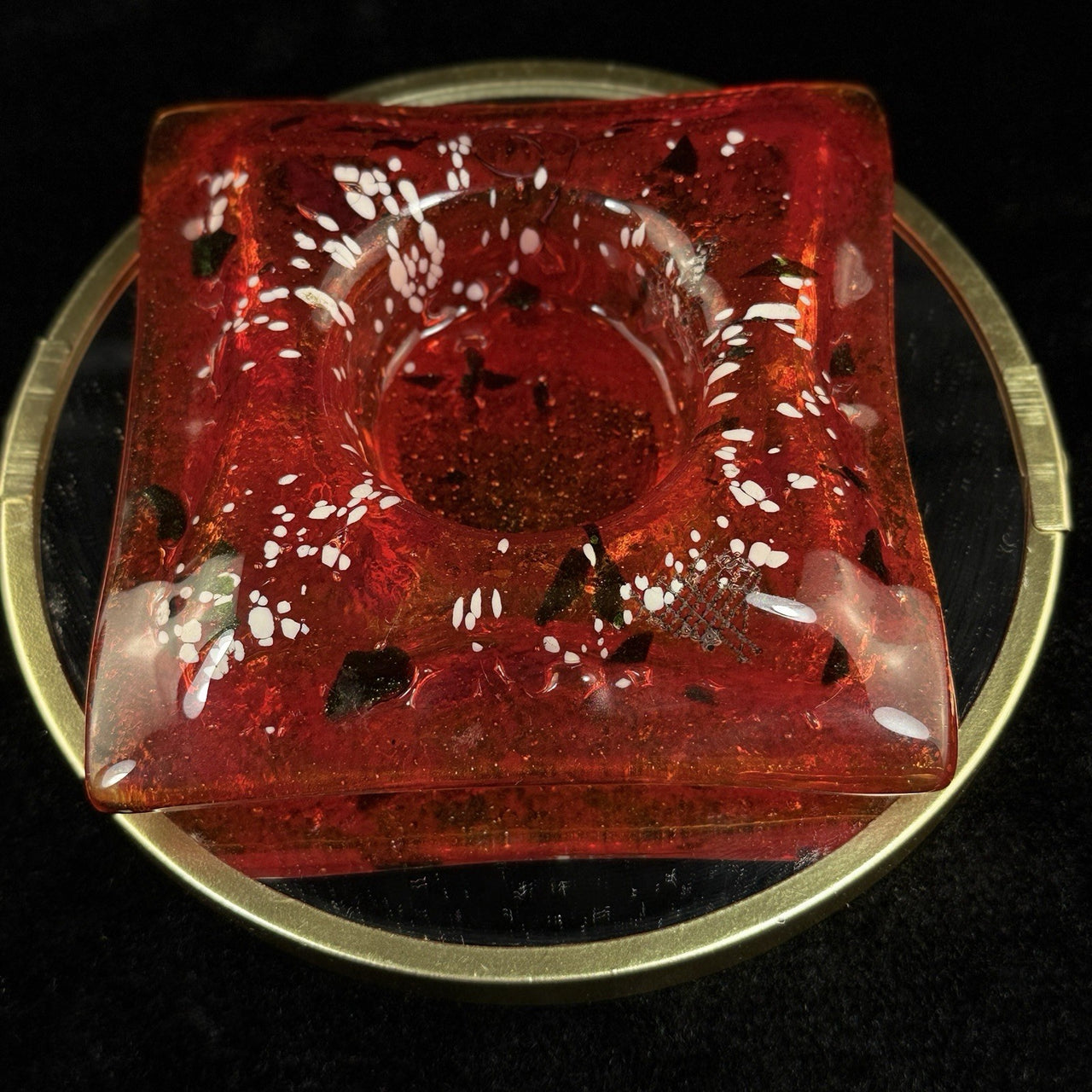 Murano Style Red Art Glass Ashtray Square MCM Speckled Aventurine Retro Dish0