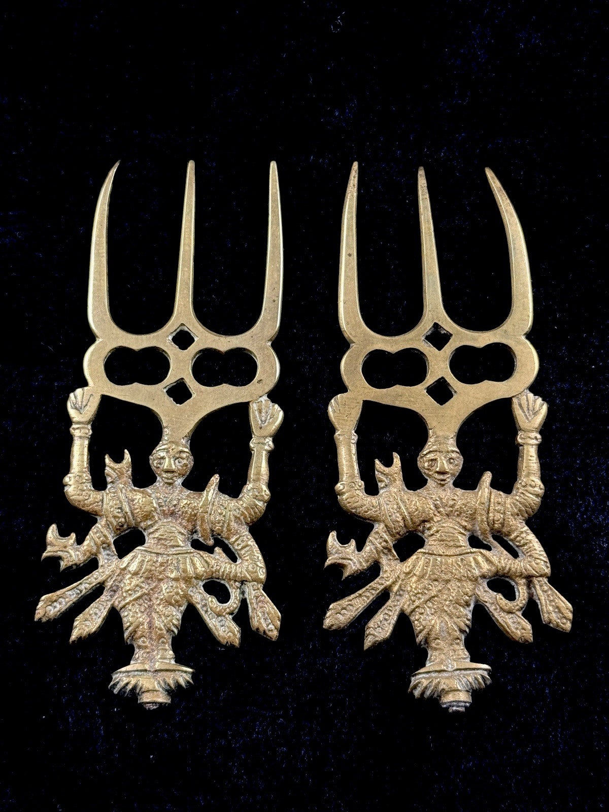 Antique Brass Hindu Trishul Durga Wall Plaques / Fork Pair â 5â Indian Templ0