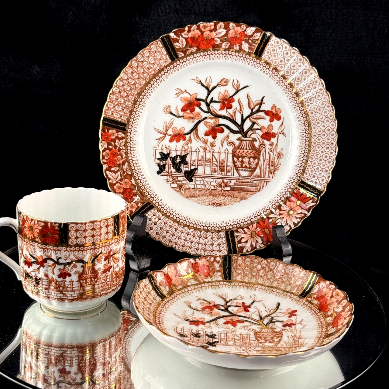 Bradford China Fenton Tea Trio Red Floral Gilt Antique Cup Saucer Plate deco Set6