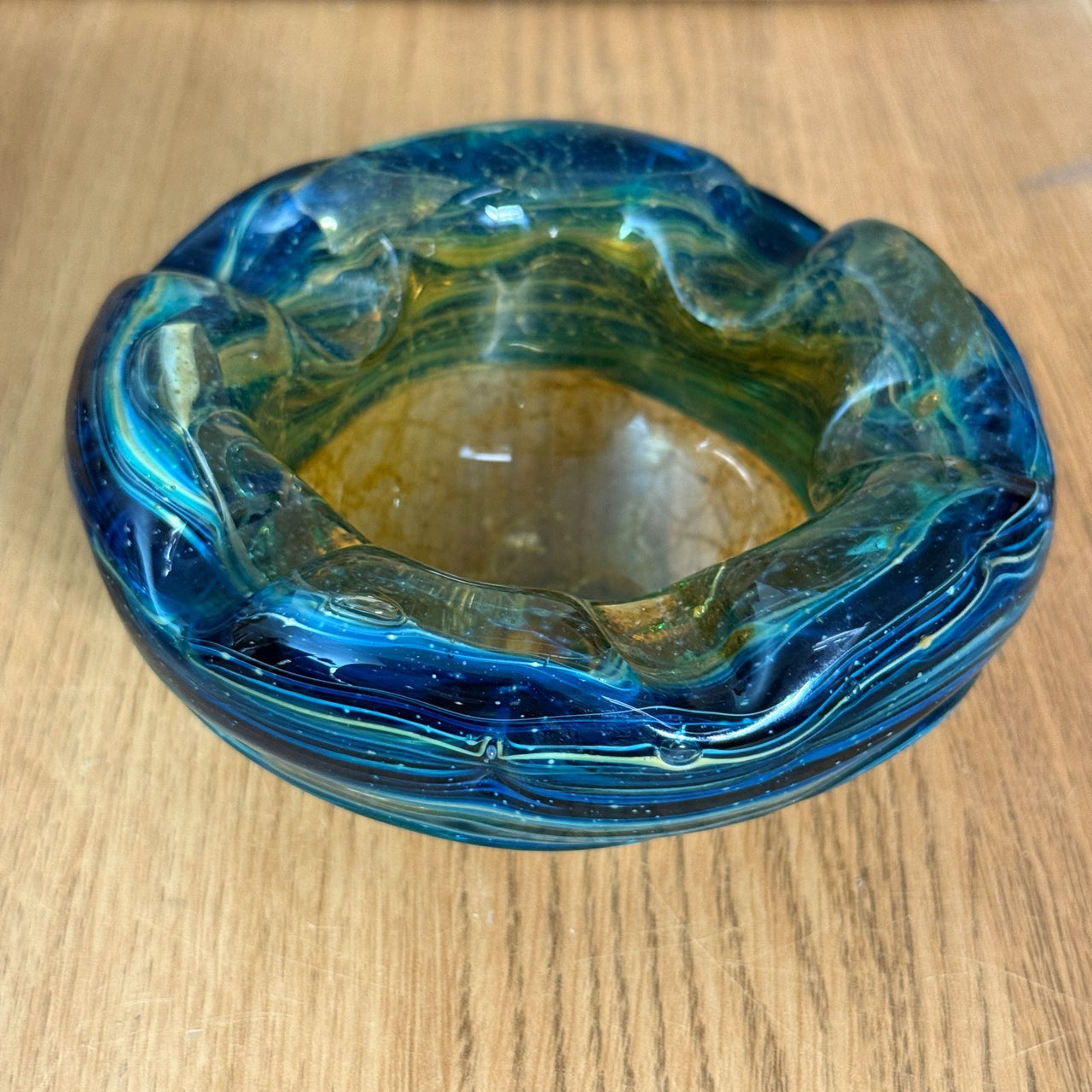 Mdina Malta Art Glass Ashtray 80s Blue Yellow Swirl 13cm Heavy see the pics deco6