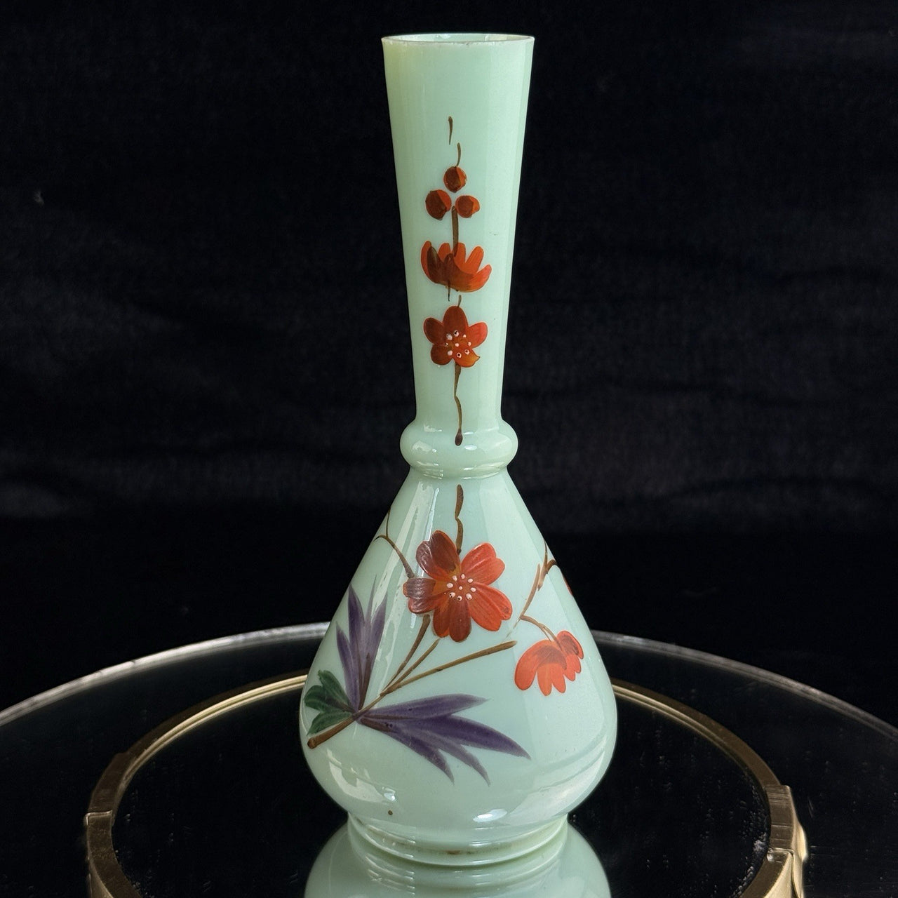 Antique Milk Glass Vase Floral Red Enamel 7” Bud Bottle Style decor see pics0