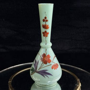 Antique Milk Glass Vase Floral Red Enamel 7” Bud Bottle Style decor see pics0